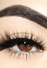Close-up of a brown eye with long, black eyelashes; a smooth, defined brow above. Subtle details in the skin texture around the eye.