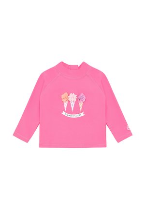 Chemise rose à manches longues pour enfants avec trois cornets de glace colorés et le texte « L'été est là » sur le devant.