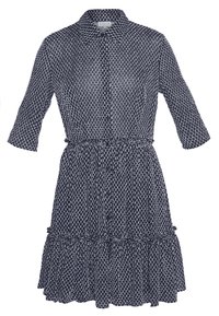 Mörkblå skjortklänning med vitt abstrakt mönster, trekvartsärmar, elastisk midja och volangdetaljer i nederkant. Lättviktigt tyg.