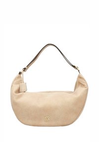 Borsa a spalla in pelle beige con forma curvata, finitura texture, sottile tracolla marrone e piccolo dettaglio del logo sul fronte. Chiusura con zip.