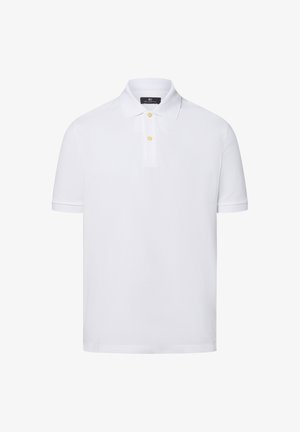 Weißes Polohemd mit klassischem Kragen, kurzen Ärmeln und einer Knopfleiste mit drei Knöpfen in Gelb. Glattes Baumwollmaterial.