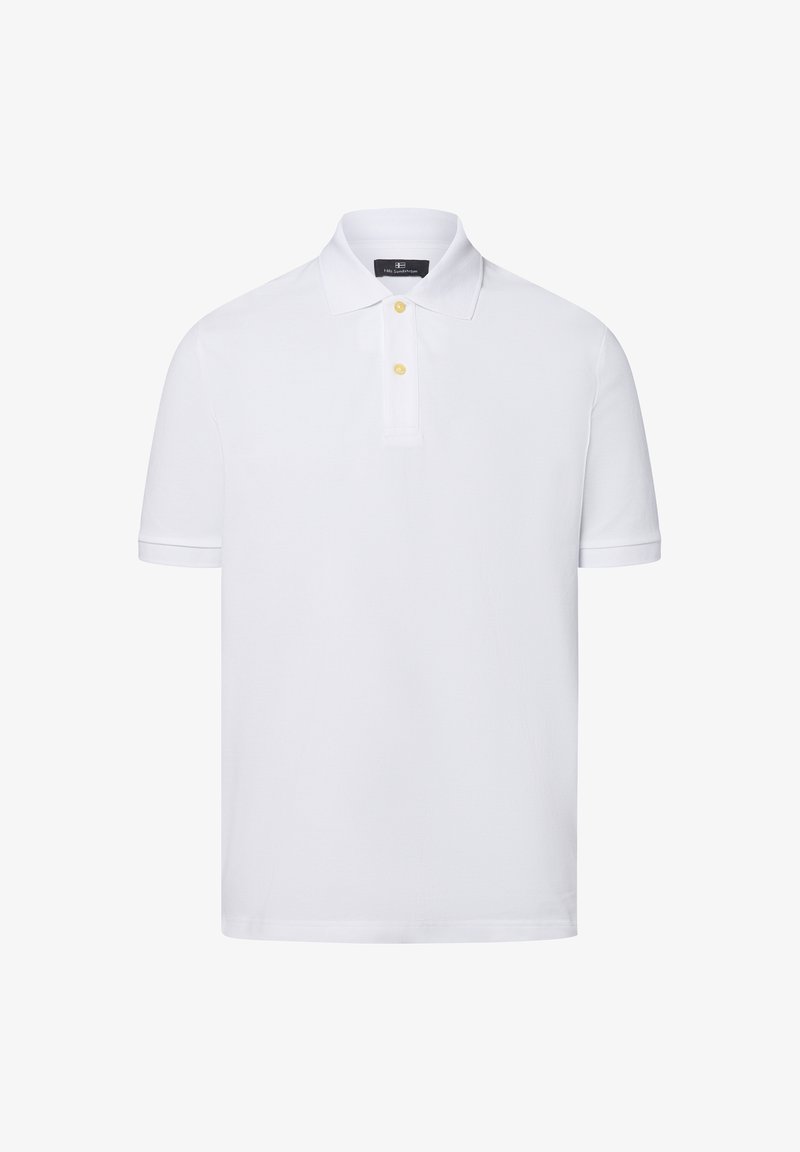 Witte polo met een klassieke kraag, korte mouwen en een voorpand met drie knopen in het geel. Gladde katoenen stof.