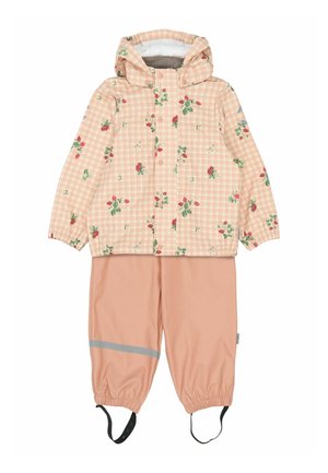 Nepremokavá bunda s ružovým kockovaným vzorom a kvetinovými detailmi, doplnená ružovými nohavicami s reflexným pásikom a nastaviteľnými popruhmi.