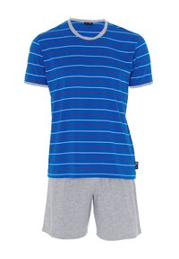 T-shirt a maniche corte a righe blu con dettagli grigi, caratterizzato da righe orizzontali rosse e bianche. Abbinato a pantaloni corti grigi. Tessuto morbido.