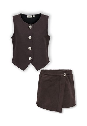 Gilet senza maniche marrone scuro con quattro bottoni decorativi in argento e gonna a portafoglio abbinata con dettaglio bottoni.