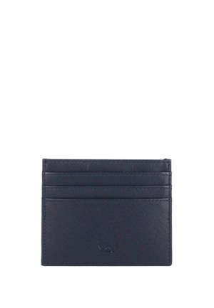 Portacarte in pelle nera con tre slot per carte nella parte superiore e una tasca più grande sotto su sfondo bianco.