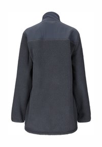 Mørkegrå fleecejakke med lange ærmer og en glat øvre rygpanel vist bagfra.