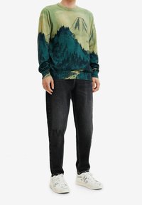 Grön- och blåmönstrad sweatshirt, långärmad, rundad hals; bärs med mörka jeans och vita sneakers med handskrivna detaljer.