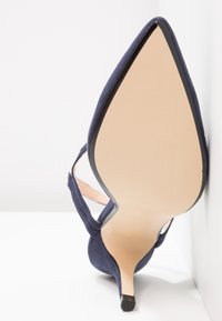 Chaussure à talon haut bleu marine à bout pointu vue de la semelle, montrant un talon fin et une bride sur fond blanc.