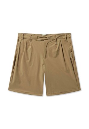 Shorts khaki din material ușor, cu un front plat, bucle pentru curea, buzunare laterale și o suprafață ușor texturată.
