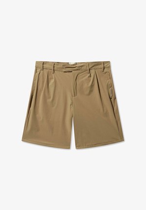 Kaki shorts laget av lett stoff, med flat front, beltehemper, sidelommer og en lett teksturert overflate.