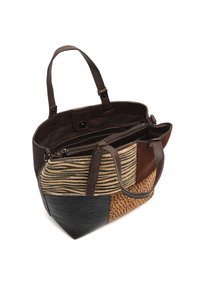 Läderhandväska med randiga, prickiga och strukturerade bruna lappar. Har dubbla handtag, en inre dragkedjeficka och en knäppning.