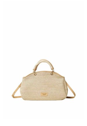 Borsa beige texturizzata con manico superiore intrecciato, tracolla regolabile e patch con logo "TWINSET Milano" sul davanti.