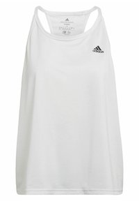 Vitt ärmlöst atletiskt linne med texturerad yta, racerback-design och svart Adidas-logotyp på vänster sida.