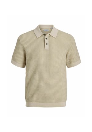 Tricou polo bej din tricot cu mânecă scurtă, model texturat, trei nasturi închiși la culoare, guler, manșete și tiv din reiat.