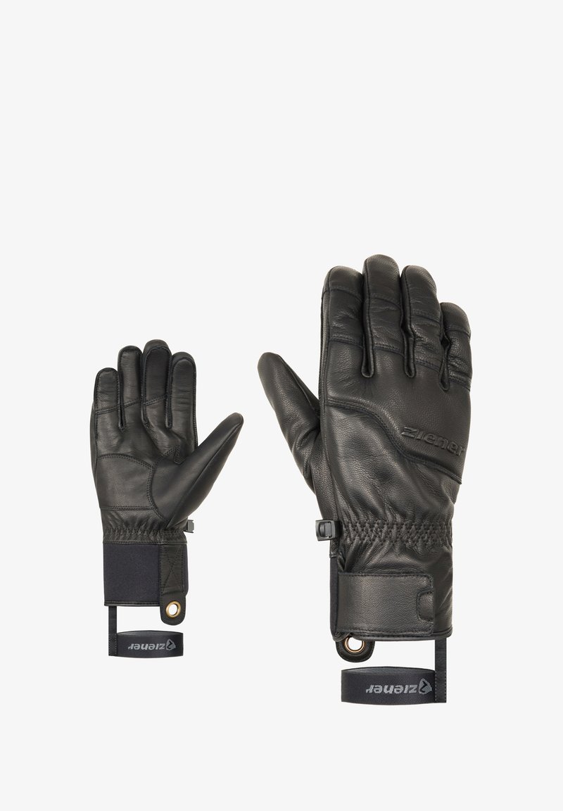 Gants en cuir noir avec une finition texturée, présentant des accents cousus, des ouvertures élastiques au poignet et une boucle pour attacher.
