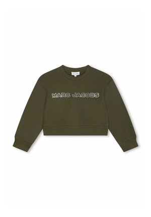 Sweatshirt olive vert coupé, avec une texture côtelée, arborant le logo blanc "MARC JACOBS". Comprend des manches longues et un col rond.