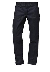 Pantalon noir en tissu lisse, avec une coupe ajustée et une coupe droite. Il possède un devant plat et une taille standard.