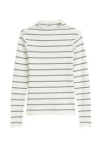 T-shirt à manches longues avec une base blanche et des rayures horizontales noires, présentant un col ondulé et un ourlet brut pour un détail texturé.