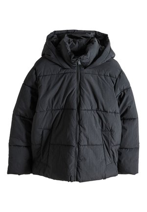 Fekete steppelt dzseki kapucnival, texturált anyaggal, steppelt mintával, elülső cipzáras záródással és két oldalsó zsebbel.