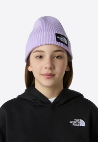 Λιλά πλεκτός σκούφος με ραβδωτή υφή, που διαθέτει ένα μαύρο λογότυπο με την επιγραφή "THE NORTH FACE." Φορεμένος με μαύρη μπλούζα με κουκούλα.