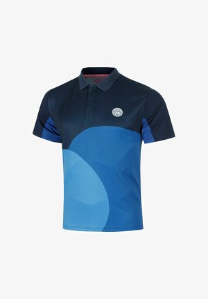 Polo à manches courtes pour homme avec col et manches bleu marine, motif géométrique bleu sur le devant, et petit logo circulaire sur la poitrine.