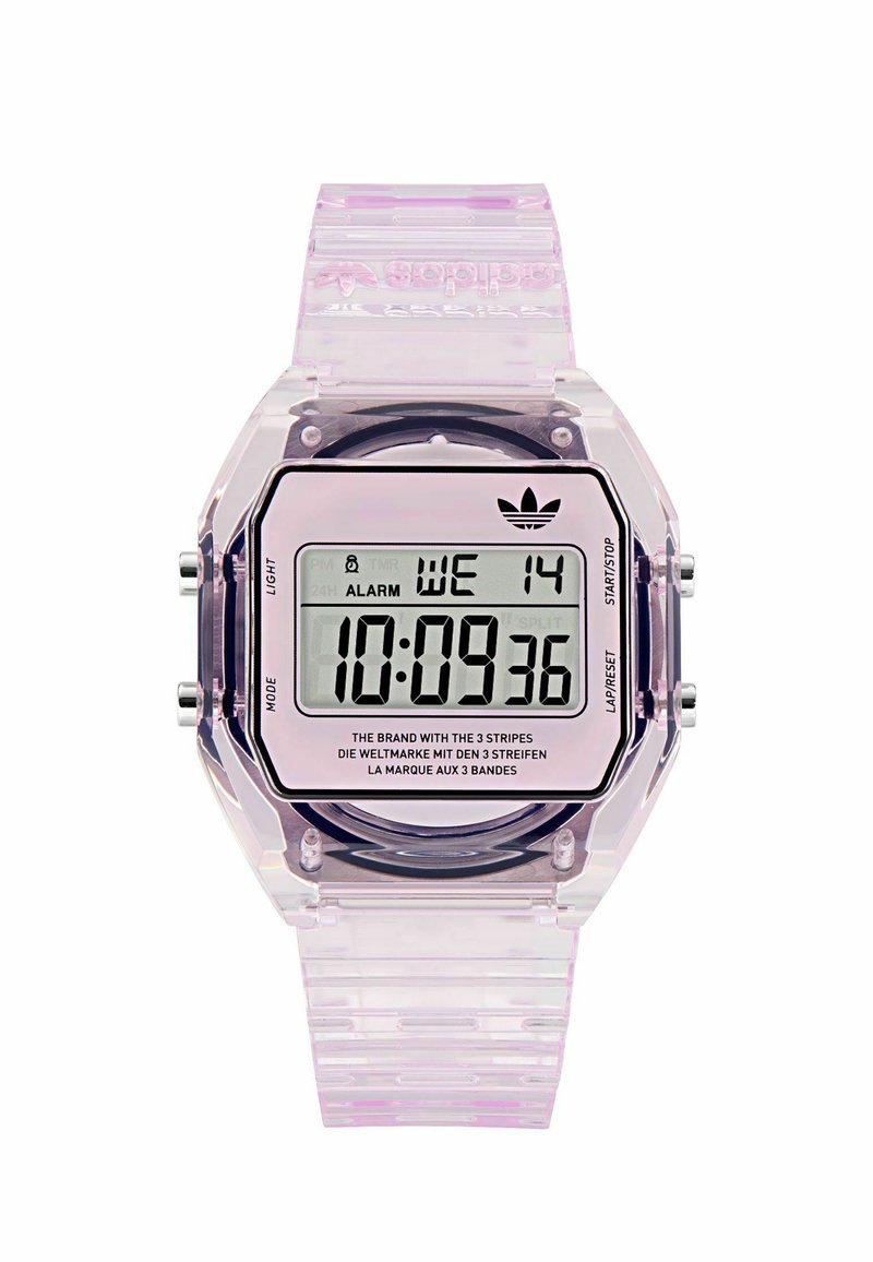 Digital klocka med ett klart lila plastfodral och rem. Har en rektangulär digital skärm, knappar på sidan och varumärkeslogotyp.