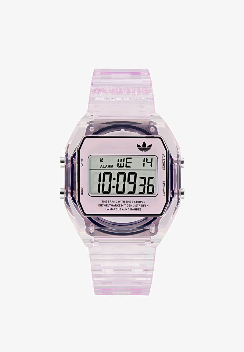 Orologio digitale con una chiara cassa e un cinturino in plastica viola. Presenta un display digitale rettangolare, pulsanti sui lati e il logo del marchio.