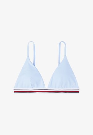 Svijetloplavi trokutasti bikini top s tankim trakama i višebojnom prugastom trakom na dnu. Rebrasti uzorak na tkanini.