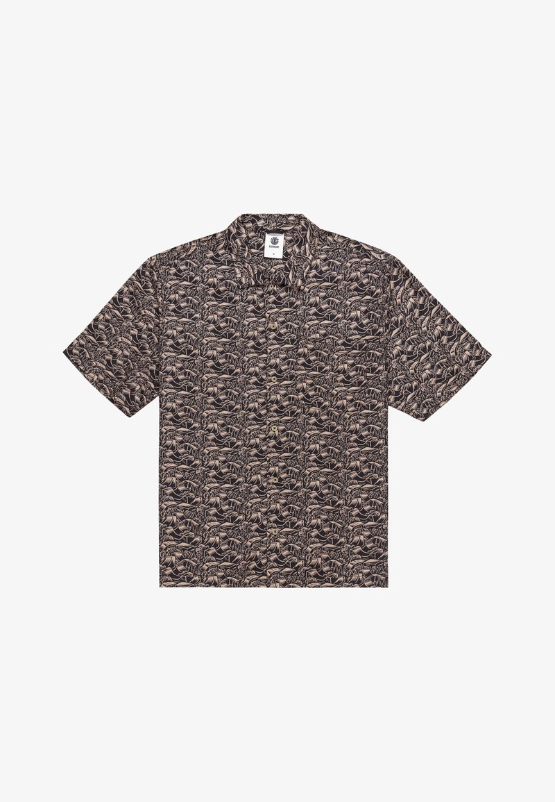 Camicia a maniche corte in tessuto marrone scuro con un motivo dettagliato di foglie chiare e colletto a punta con chiusure a bottone.
