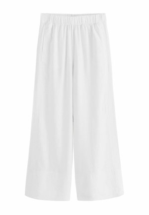 Weiße Hose mit weitem Bein aus weichem Stoff, mit elastischem Bund und zwei Seitentaschen, mit glattem, leichtem Stoff.