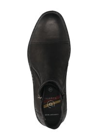 Schwarze Leder-Ankle Boots mit runder Zehenform, seitlichen Reißverschlüssen, dekorativen Nähten und einer strukturierten Oberfläche. Das Innenetikett zeigt Größe und Marke an.