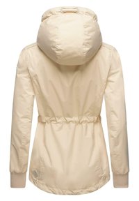 Beige, lätt jacka med huva, elastisk midja och ribbad mudd. Slät textur, minimalistisk design, inga synliga detaljer eller mönster.