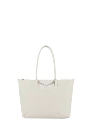 Sac fourre-tout de couleur crème avec deux anses et une petite poche avant à rabat, fabriqué en matière lisse.