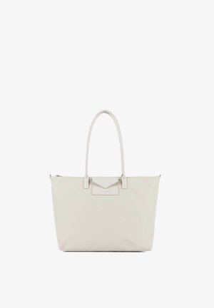 Sac fourre-tout de couleur crème avec deux anses et une petite poche avant à rabat, fabriqué en matière lisse.