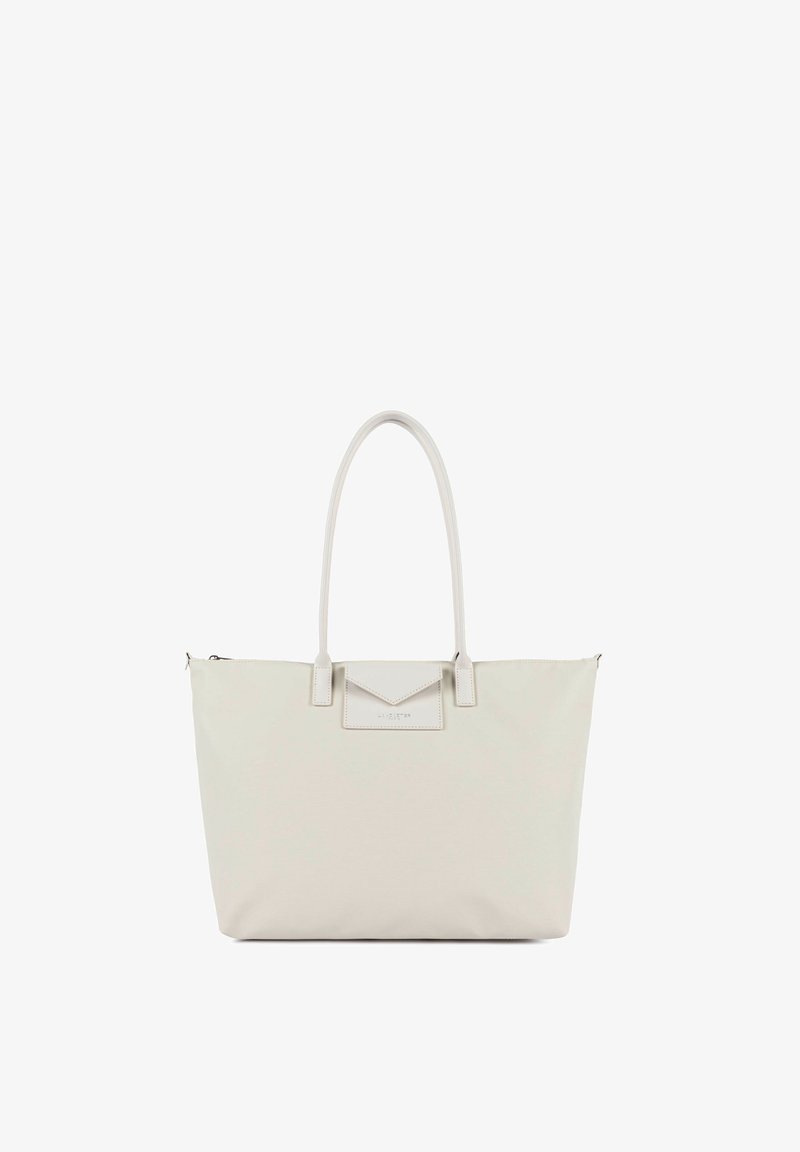 Sac fourre-tout de couleur crème avec deux anses et une petite poche avant à rabat, fabriqué en matière lisse.