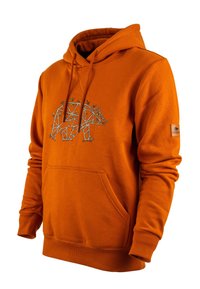 Sudadera naranja con un diseño de oso geométrico en gris con acentos verdes. Tiene un bolsillo delantero y puños y dobladillo de canalé.