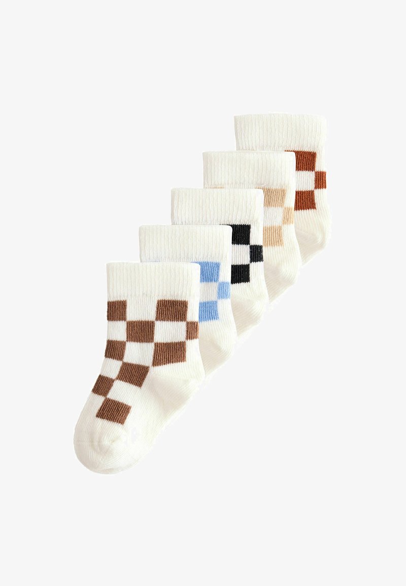 Five pairs of white socks with checkerboard patterns in brown, blue, black, beige, and dark brown arranged in a diagonal line.