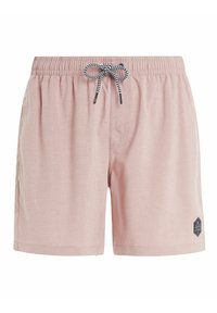 Rosa Schwimmshorts mit elastischem Bund, schwarzem und weißem Kordelzug, seitlichen Taschen und einem sechseckigen Logo-Patch am linken Bein.