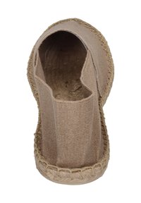 Espadrille in light tan fabric with a woven jute sole. Open toe design features a wide opening and stitched accents along the edge.