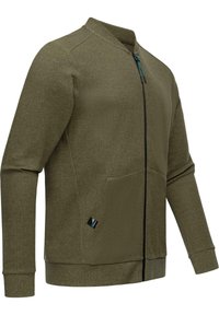 Olive spalvos zip-up džemperis su tekstūruotu mezginiu, raglanų rankovėmis, šoninėmis kišenėmis ir kontrastingais juodais užtrauktuko bei etikėtės akcentais.
