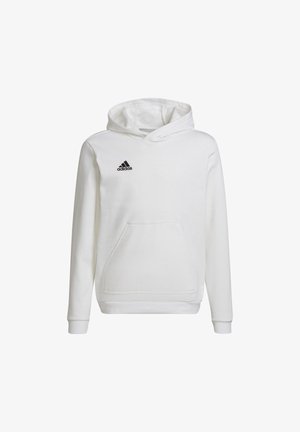 Hvit hettegenser laget av mykt stoff, med en frontlomme, lange ermer og justerbar snørehals. Svart Adidas-logo på brystet.