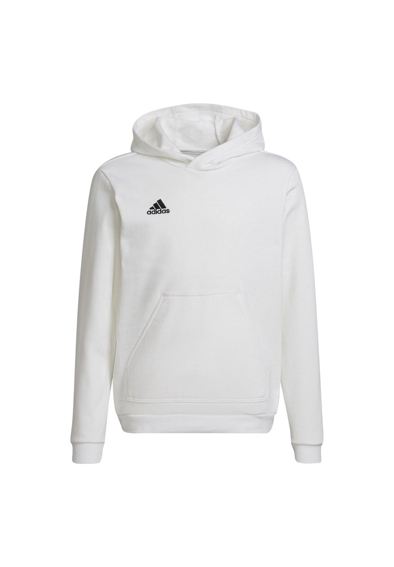 Un hoodie blanc en tissu doux, doté d'une poche frontale, de manches longues et d'une capuche avec cordon de serrage ajustable. Logo Adidas noir sur la poitrine.
