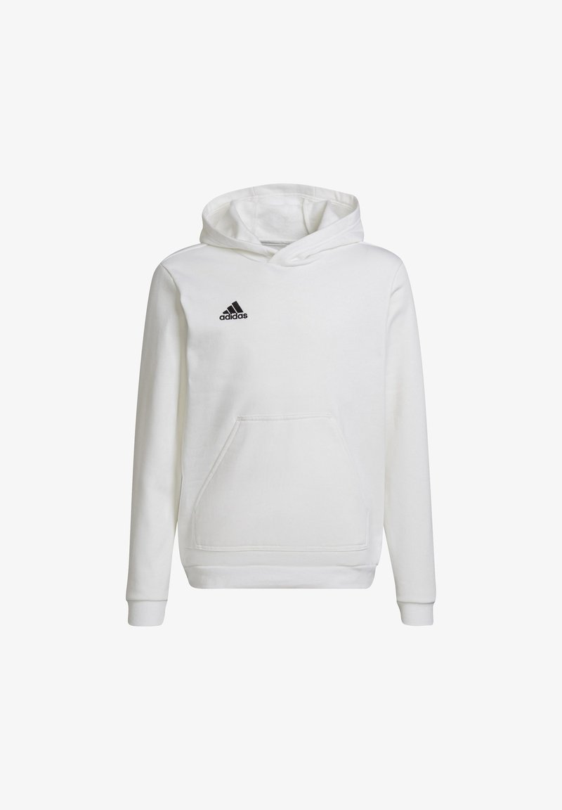 Bela kapuca iz mehkega materiala, z sprednjim žepom, dolgimi rokavi in nastavljivo kapuco s vrvico. Črn logotip Adidas na prsih.
