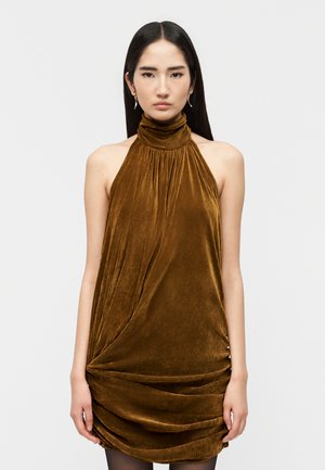 Woman with long black hair wearing a sleeveless brown velvet halter dress with a high neckline and gathered skirt.