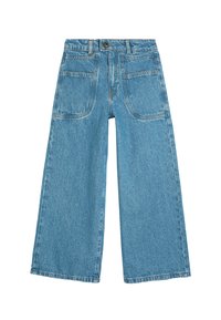 Ljusblå denim byxor med vida ben och hög midja, fram- och bakfickor samt kontrasterande orange sömmar längs sömmarna.