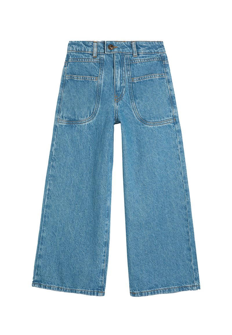 Ljusblå denim byxor med vida ben och hög midja, fram- och bakfickor samt kontrasterande orange sömmar längs sömmarna.