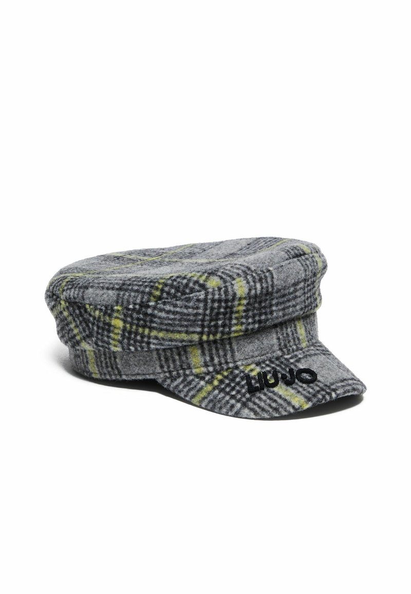 Casquette plate à carreaux gris et jaune avec une petite visière rigide et le nom de la marque "Liu Jo" brodé en noir sur le devant.