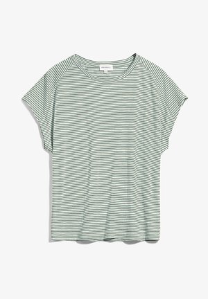 Grön- och vitrandig t-shirt med korta ärmar, rund halsringning och mjukt bomullstyg. Avslappnad passform och casual design.