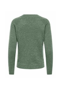 Pull en tricot vert à manches longues vu de dos avec un col rond et des poignets et un ourlet ajustés.